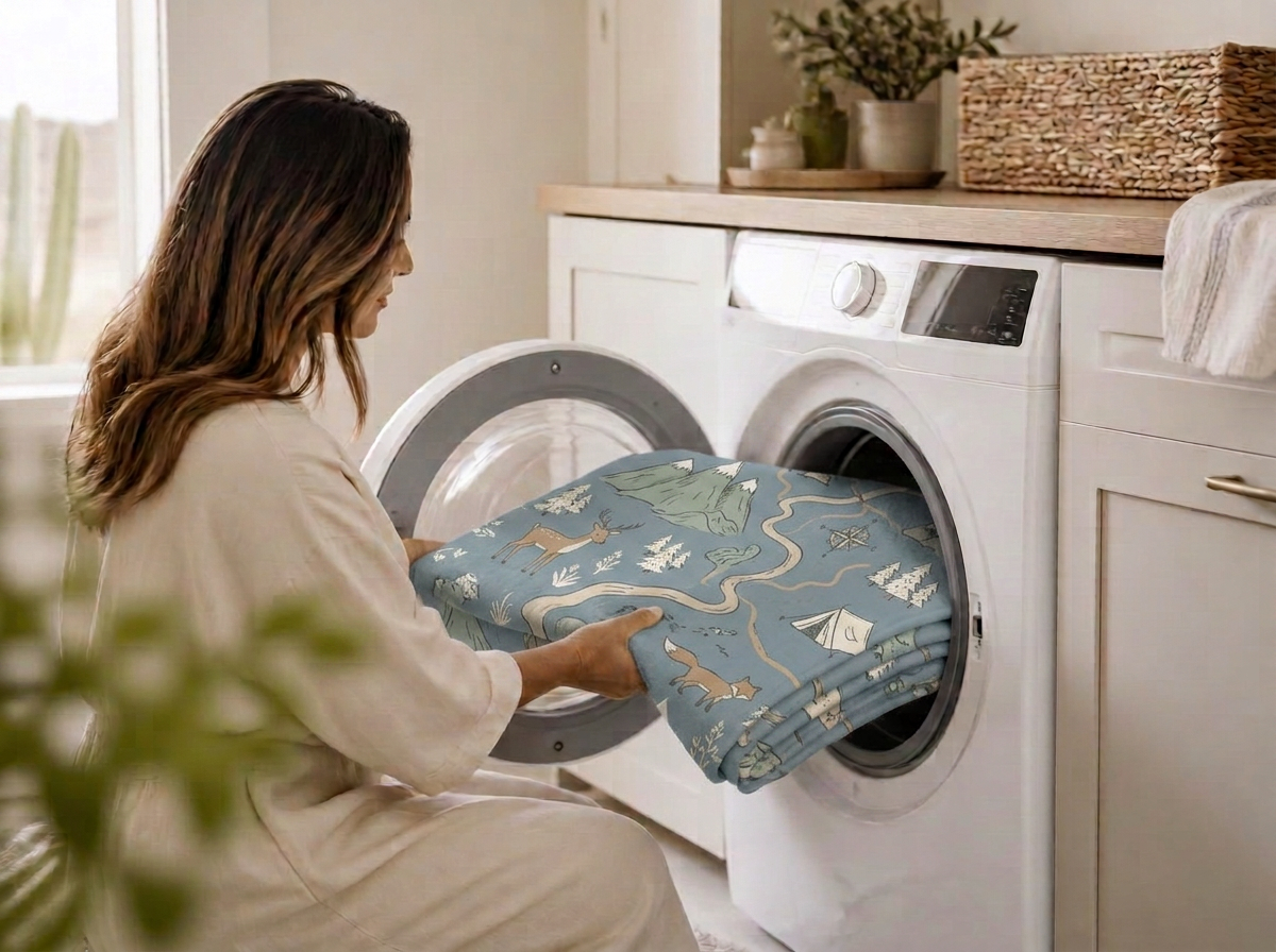 A Tufti cotton rug going into the washing machine on wash day