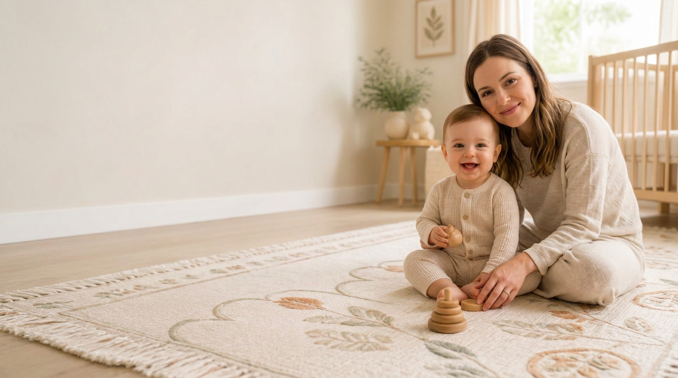 A smiling baby sitting on a cream Tufti rug in a bright, airy nursery