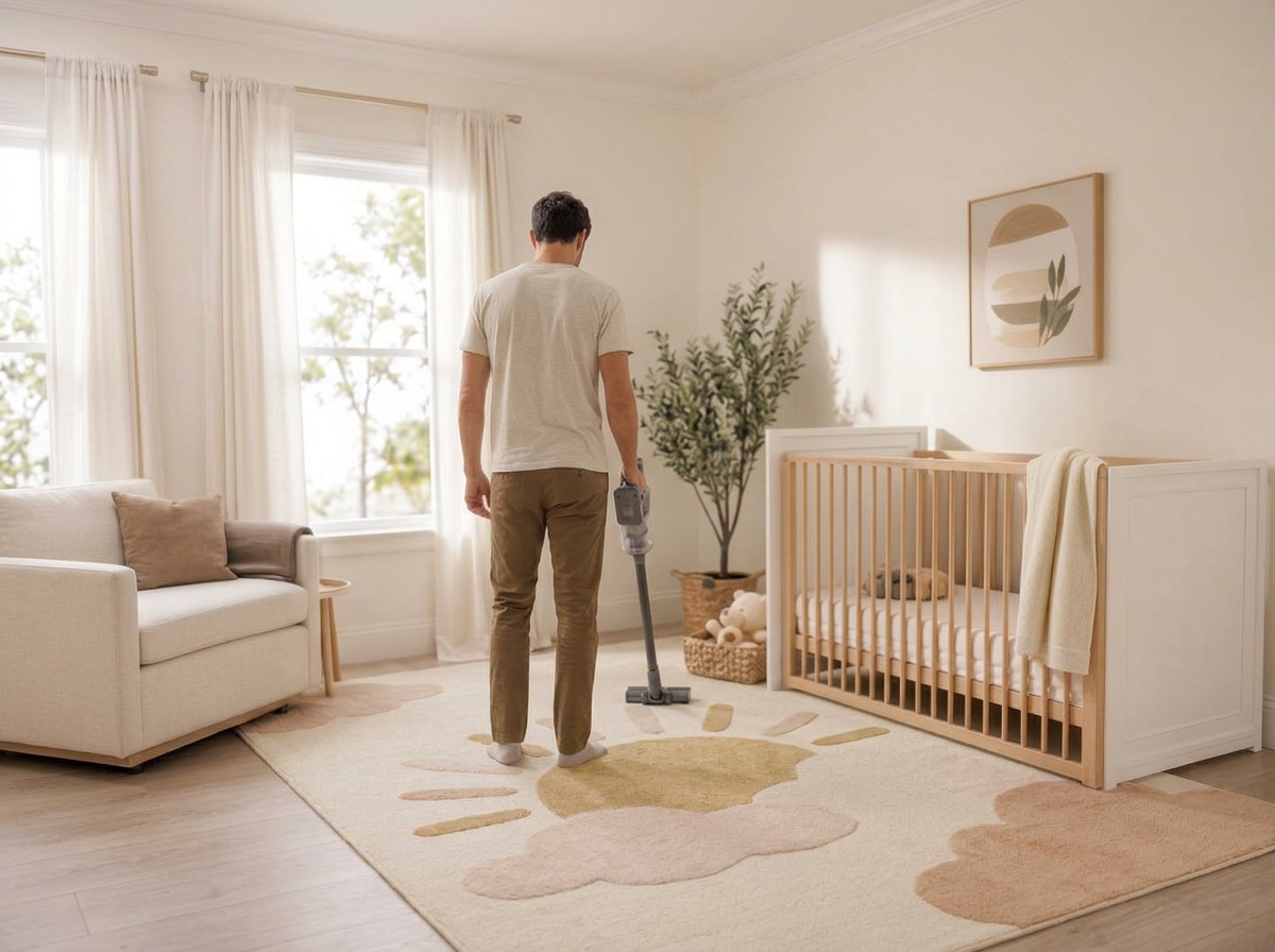 A man vacuuming a Sunny Days Tufti rug in a bright nursery, seen from behind