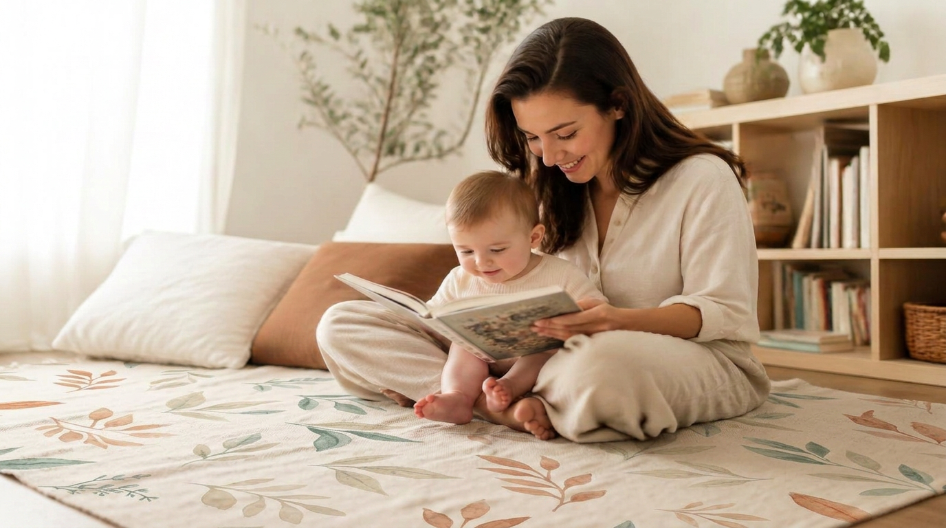 A mother reading a picture book with her baby on a washable cotton Tufti rug